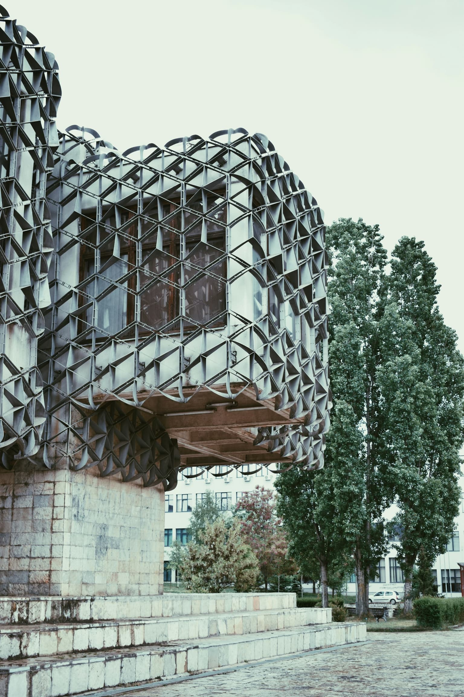 Detail of the metal lattice facade of the National Library of Kosovo in Pristina